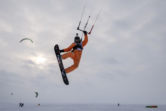 Siberian Winter Snow-Kiting Cup on ice-covered reservoir of Novosibirsk hydropower station