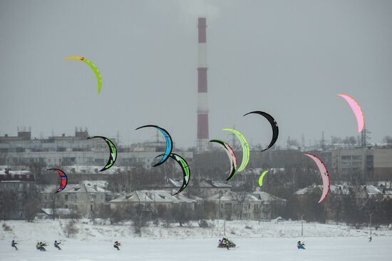 Siberian Winter Snow-Kiting Cup on the ice-covered reservoir of Novosibirsk hydropower station