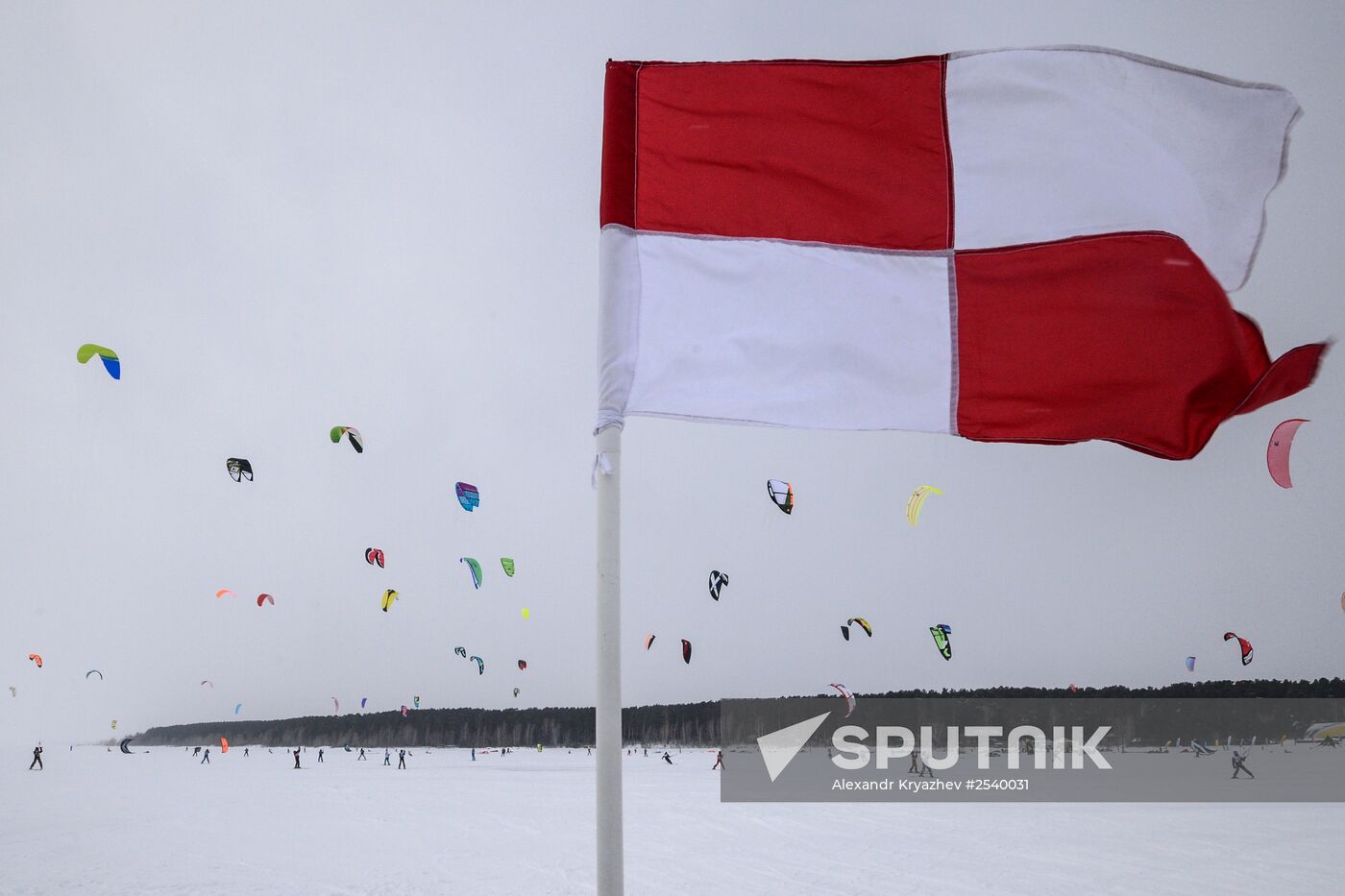 Siberian Winter Snow-Kiting Cup on the ice-covered reservoir of the Novosibirsk hydropower station