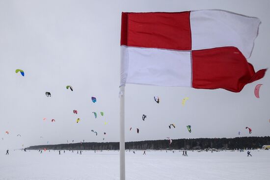 Siberian Winter Snow-Kiting Cup on the ice-covered reservoir of the Novosibirsk hydropower station