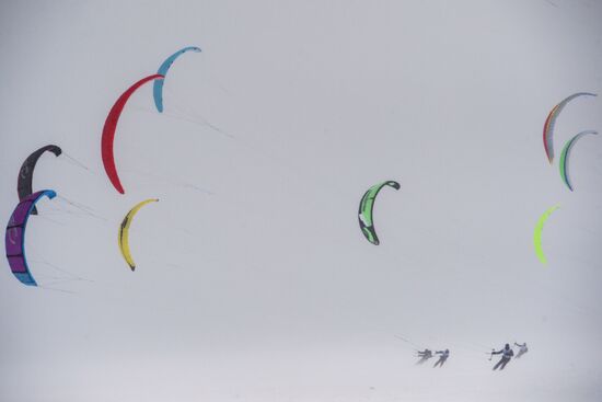 Siberian Winter Snow-Kiting Cup on the ice-covered reservoir of the Novosibirsk hydropower station