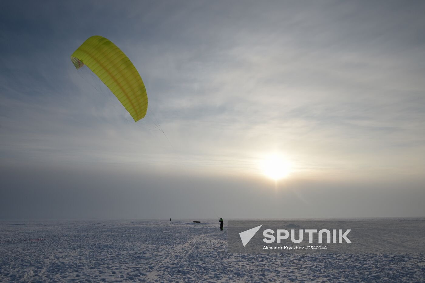 Siberian Winter Snow-Kiting Cup on the ice-covered reservoir of the Novosibirsk hydropower station
