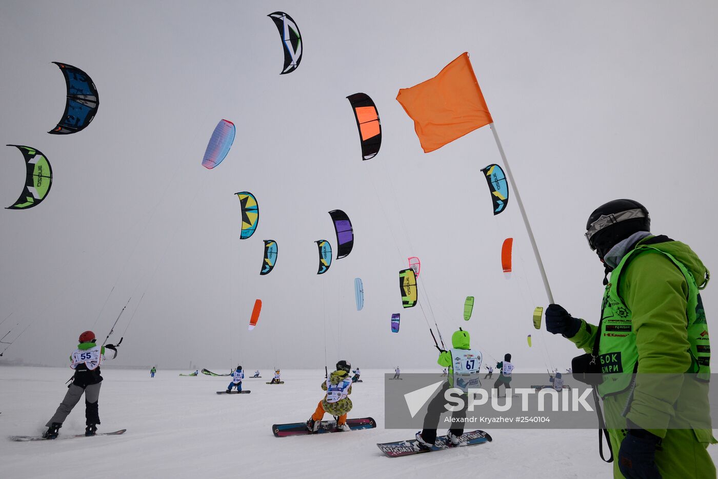 Siberian Winter Snow-Kiting Cup on the ice-covered reservoir of the Novosibirsk hydropower station