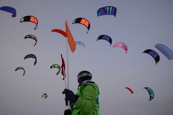 Siberian Winter Snow-Kiting Cup on the ice-covered reservoir of the Novosibirsk hydropower station