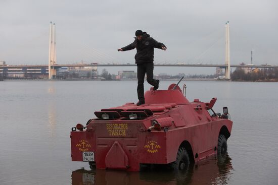 Amphibious armored scout car in St. Petersburg