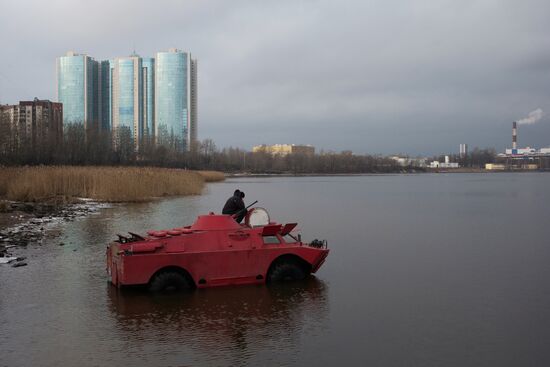 Amphibious armored scout car in St. Petersburg