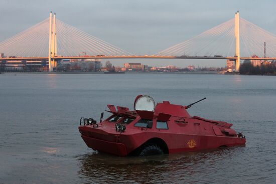Amphibious armored scout car in St. Petersburg