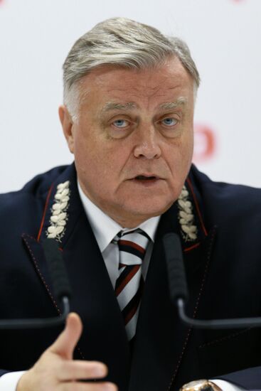 Russian Railways chief Vladimir Yakunin stages news conference