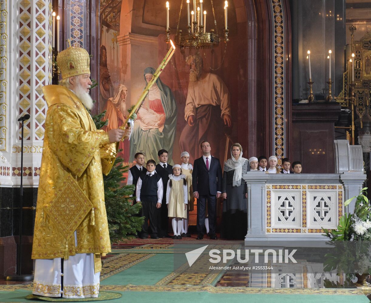 Russian Prime Minister Medvedev attends Christmas Eve service at the Cathedral of Christ the Savior