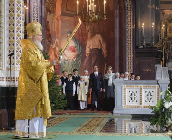 Russian Prime Minister Medvedev attends Christmas Eve service at the Cathedral of Christ the Savior