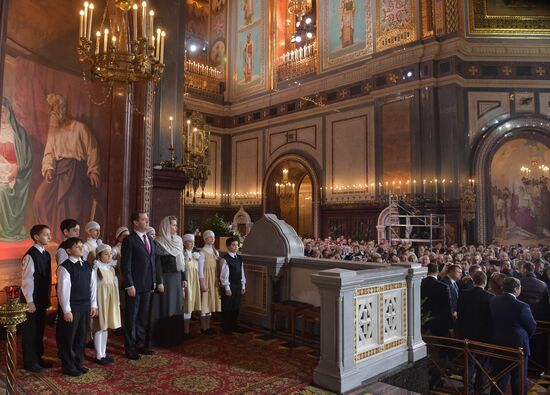Russian Prime Minister Medvedev attends Christmas Eve service at the Cathedral of Christ the Savior