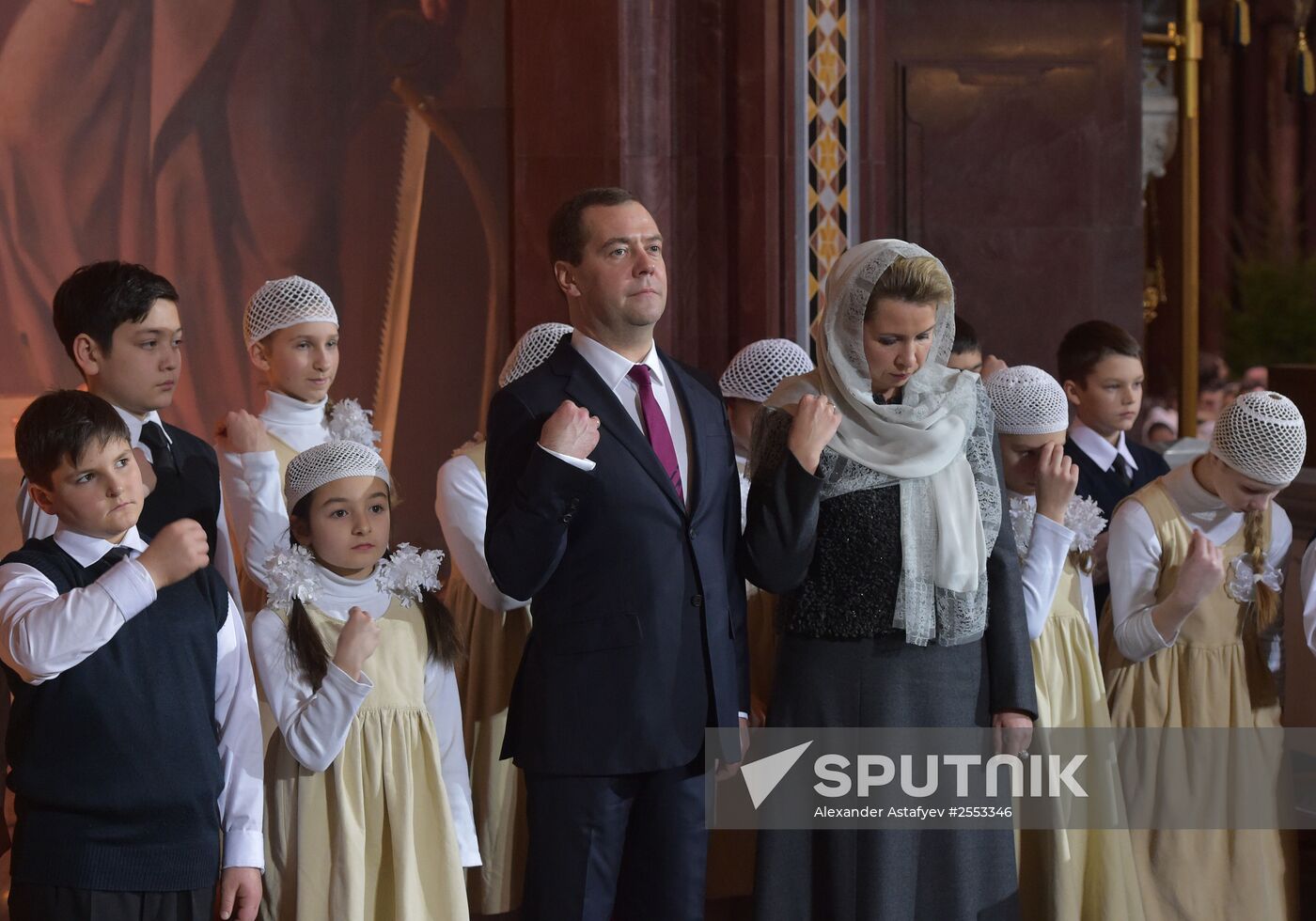 Russian Prime Minister Medvedev attends Christmas Eve service at the Cathedral of Christ the Savior