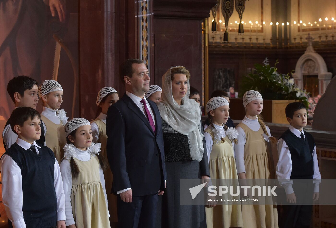 Russian Prime Minister Medvedev attends Christmas Eve service at the Cathedral of Christ the Savior