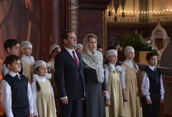 Russian Prime Minister Medvedev attends Christmas Eve service at the Cathedral of Christ the Savior