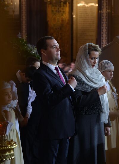 Russian Prime Minister Medvedev attends Christmas Eve service at the Cathedral of Christ the Savior