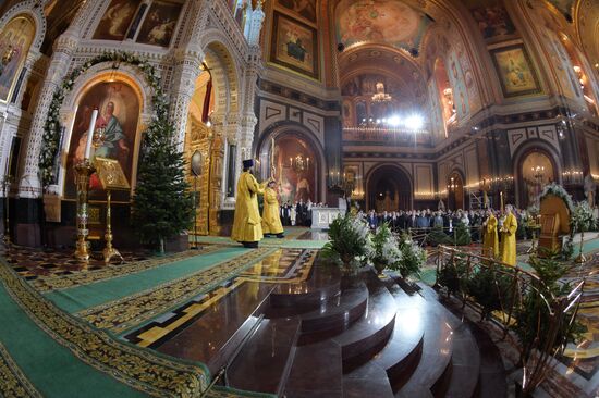 Russian Prime Minister Medvedev attends Christmas Eve service at the Cathedral of Christ the Savior