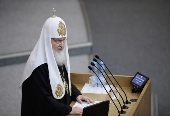 Patriarch Kirill gives a speech in State Duma