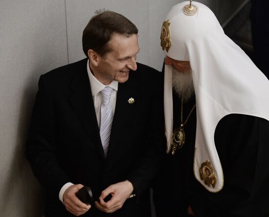 Patriarch Kirill gives a speech in State Duma
