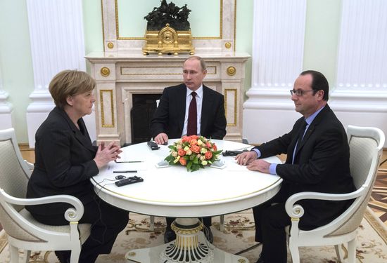 Russian President Vladimir Putin holds meeting with FRG Chancellor Angela Merkel and President of France Francois Hollande