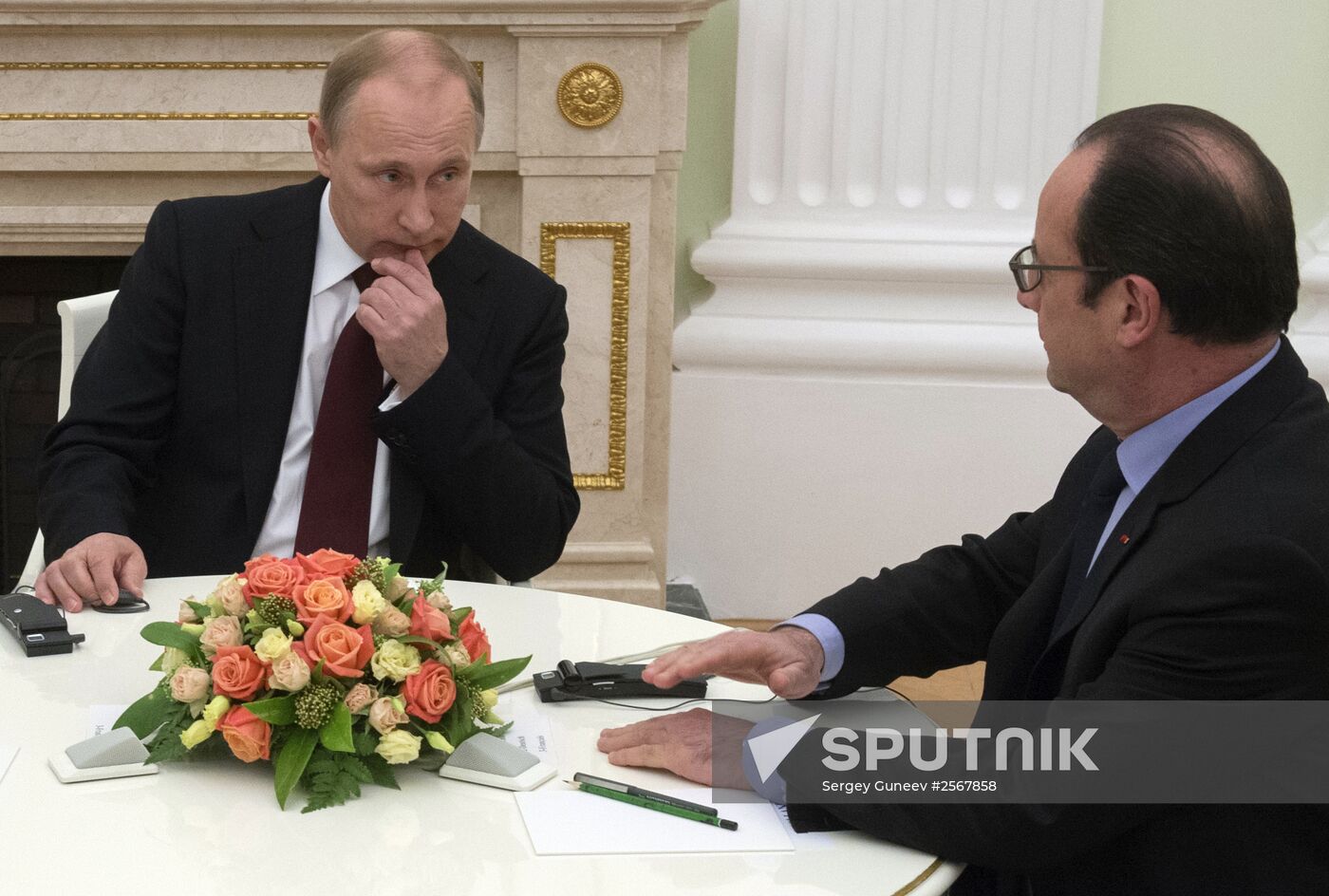 Russian President Vladimir Putin holds meeting with FRG Chancellor Angela Merkel and President of France Francois Hollande