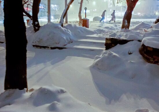 Snowfall and storm wind in Vladivostok