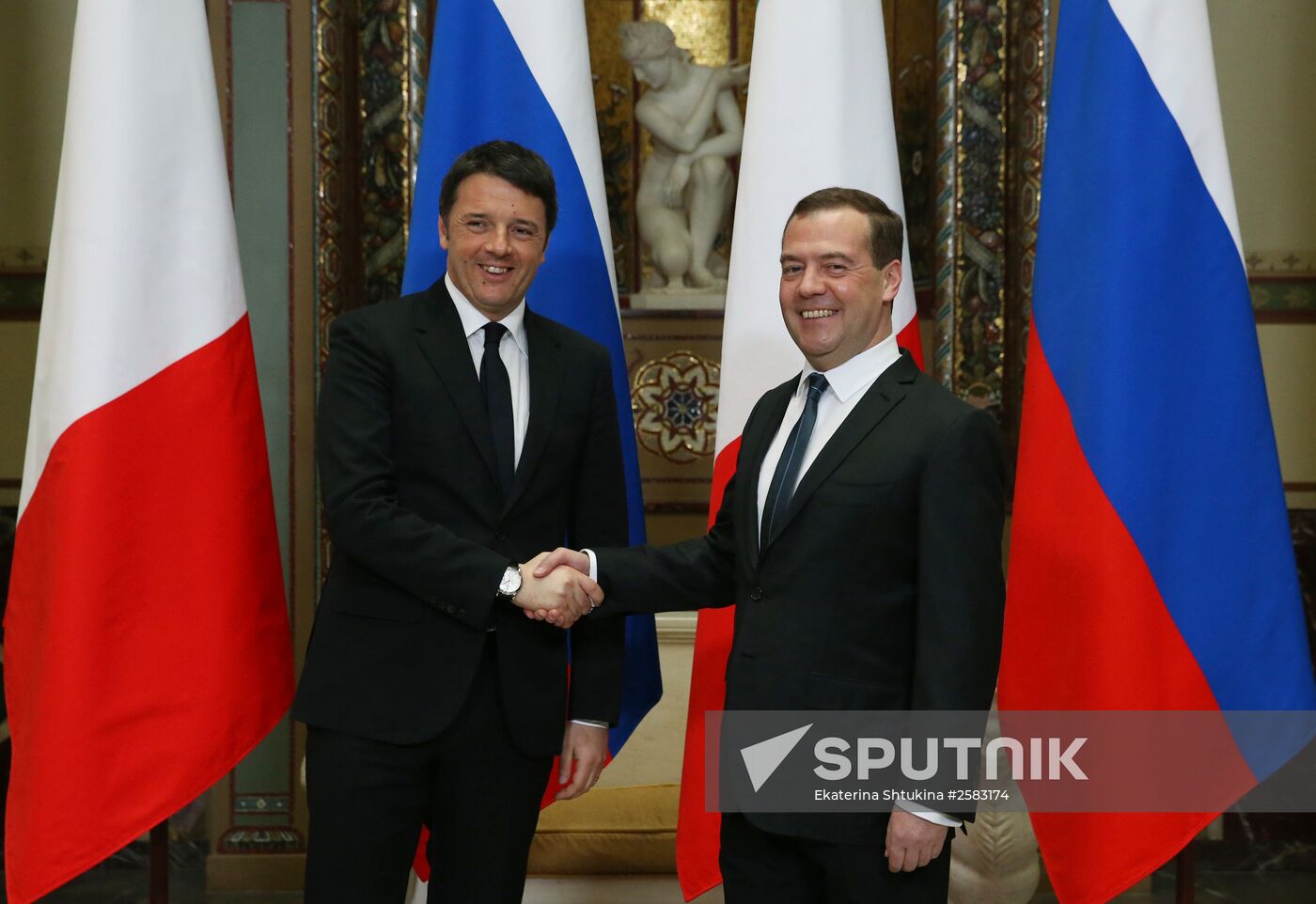 Russian Prime Minister Dmitry Medvedev meets with his Italian counterpart Matteo Renzi