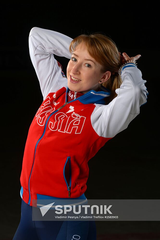 Photo shoot of Russian short track team before ISU championships in Moscow