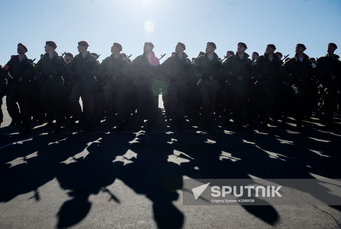 Russian Interior Ministry troops practice marching skills for Victory Day Parade