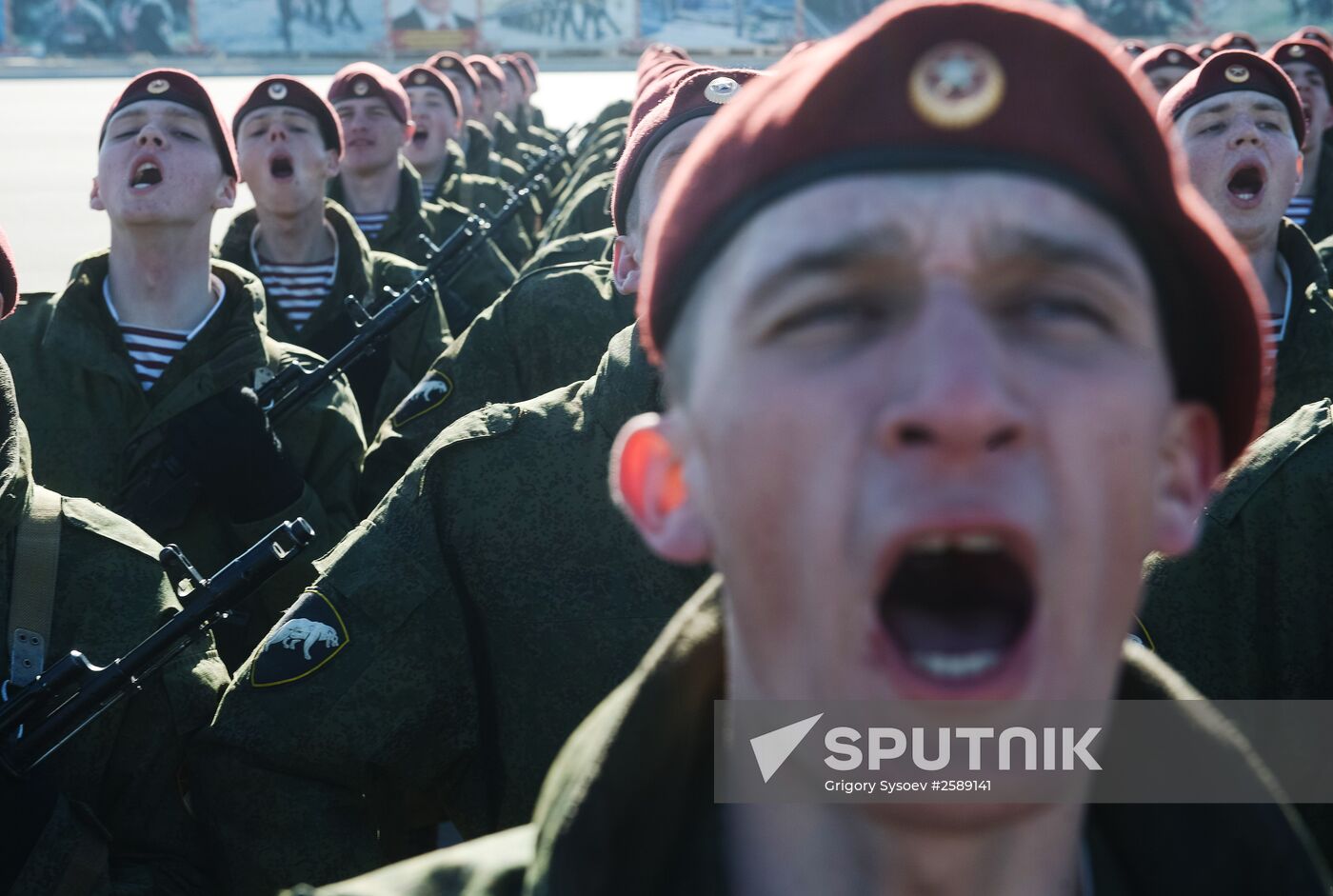 Russian Interior Ministry troops practice marching skills for Victory Day Parade