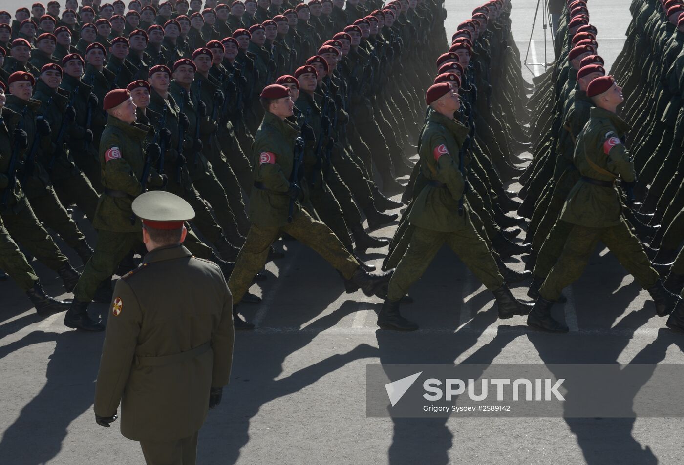 Russian Interior Ministry troops practice marching skills for Victory Day Parade