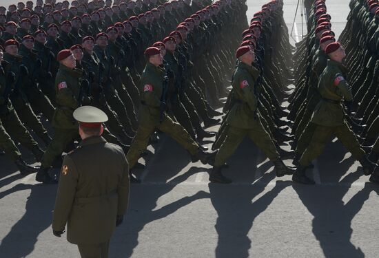 Russian Interior Ministry troops practice marching skills for Victory Day Parade