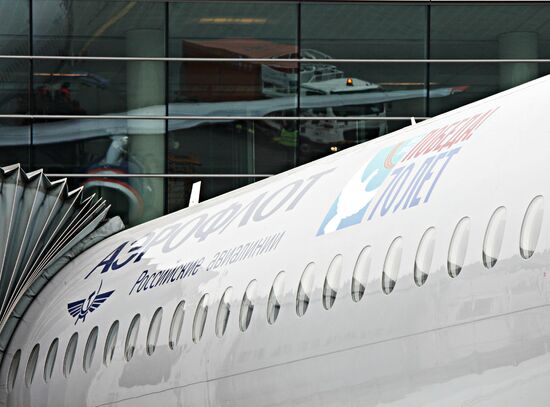 Aeroflot aircraft decorated with symbols of Great Victory's 70th anniversary