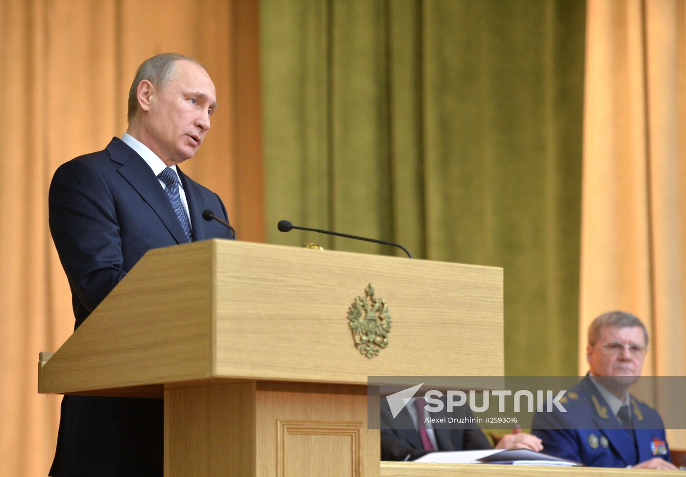 March 24, 2015. President Vladimir Putin, left, addresses an expanded meeting of the board of the Russian Prosecutor General's Office. Prosecutor General Yury Chaika, right. Location: Russia, Moscow. Author: Alexei Druzhinin/Sputnik. President Vladimir Putin at expanded meeting of board of Russian Prosecutor General's Office