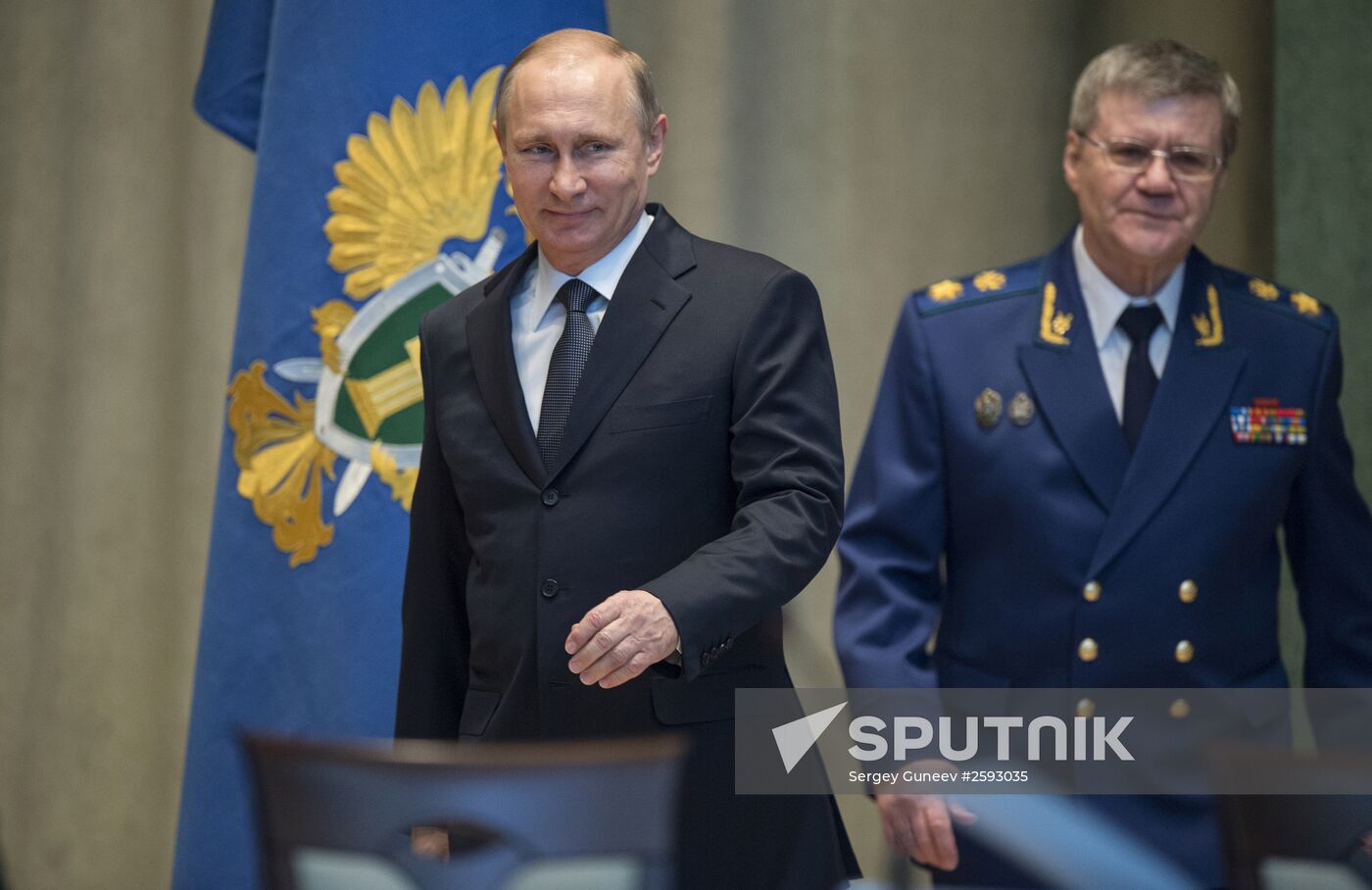 March 24, 2015. President Vladimir Putin, left, at an expanded meeting of the board of the Russian Prosecutor General's Office. Prosecutor General Yury Chaika, right. Location: Russia, Moscow. Author: Sergey Guneev/Sputnik. President Vladimir Putin at expanded meeting of board of Russian Prosecutor General's Office