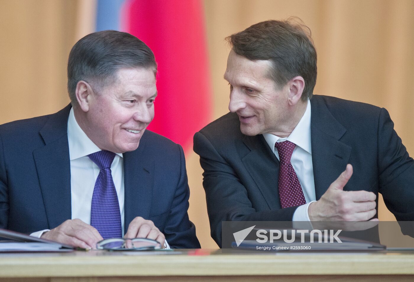 24 March 2015. Chairperson of the Supreme Court of Russia Vyacheslav Lebedev (left) and State Duma Speaker Sergey Naryshkin attend the expanded format meeting of the board of the Russian Prosecutor General's Office with the participation of the Russian President Vladimir Putin. Location: Russia, Moscow. Author: Sergey Guneev/Sputnik. President Vladimir Putin at expanded meeting of board of Russian Prosecutor General's Office