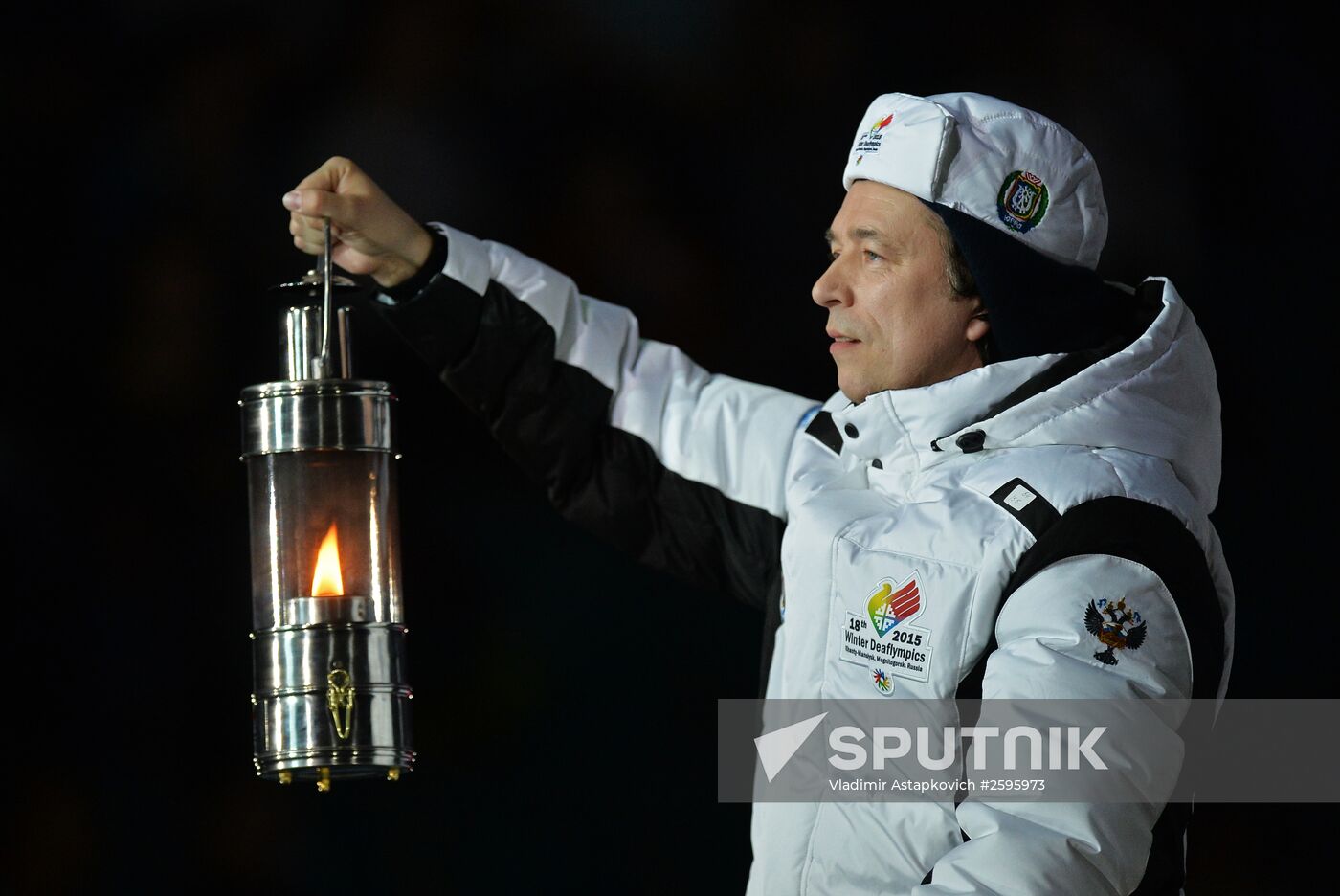 Actor Robert Fomin, head of the Miming and Gesture Theater, at the opening ceremony of the 18th Deaflympic Winter Games in Khanty-Mansiysk. Location: Russia, Khanty-Mansi Autonomous Area – Yugra, Khanty-Mansyisk. Author: Vladimir Astapkovich/Sputnik. 2015 Deaflympics opening ceremony