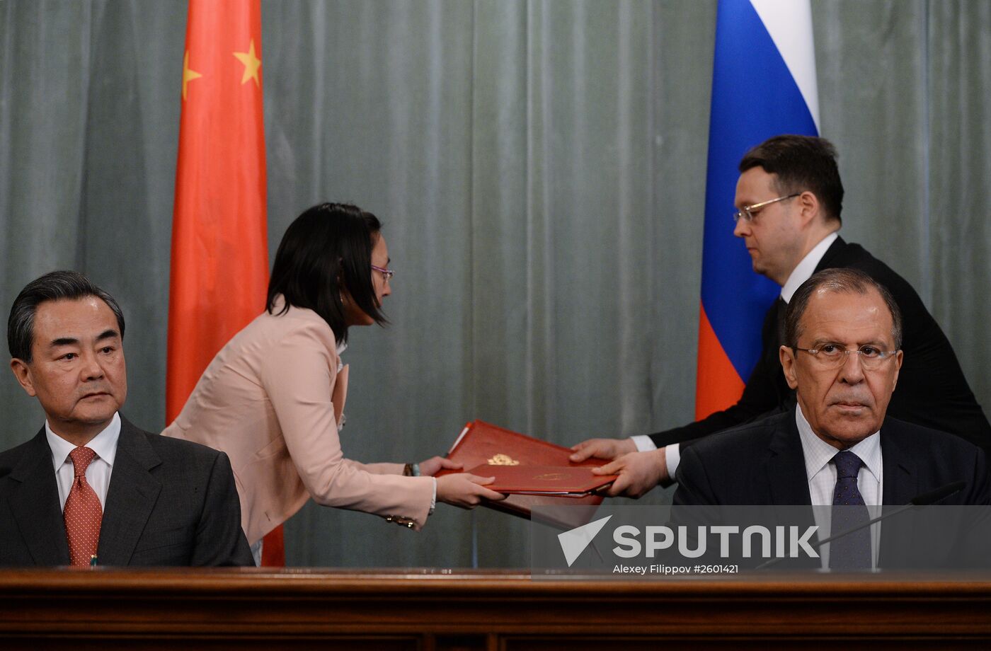 Russian Foreign Minister Sergei Lavrov meets with Chinese Foreign Minister Wang Yi at the Russian Foreign Ministry's Receptions House.