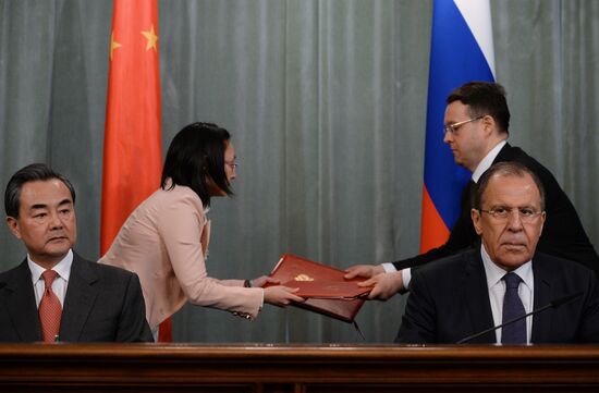 Russian Foreign Minister Sergei Lavrov meets with Chinese Foreign Minister Wang Yi at the Russian Foreign Ministry's Receptions House.