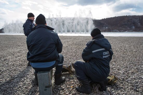 Ice blasting in Amur River