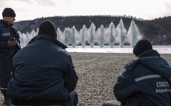 Ice blasting in Amur River