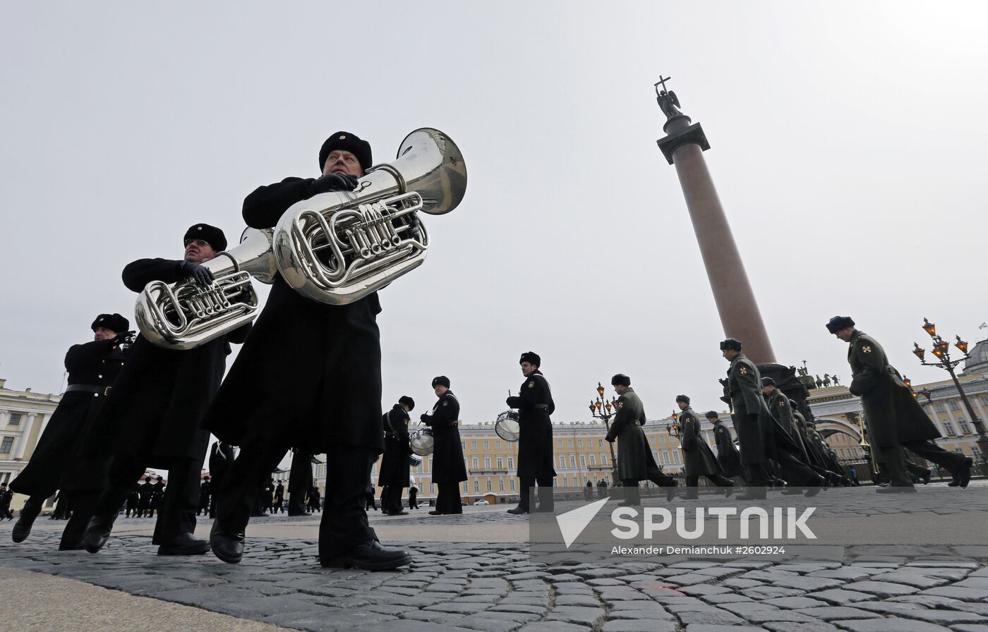 Military band rehearsal in St. Petersburg for celebrations of 70th anniversary of the Victory