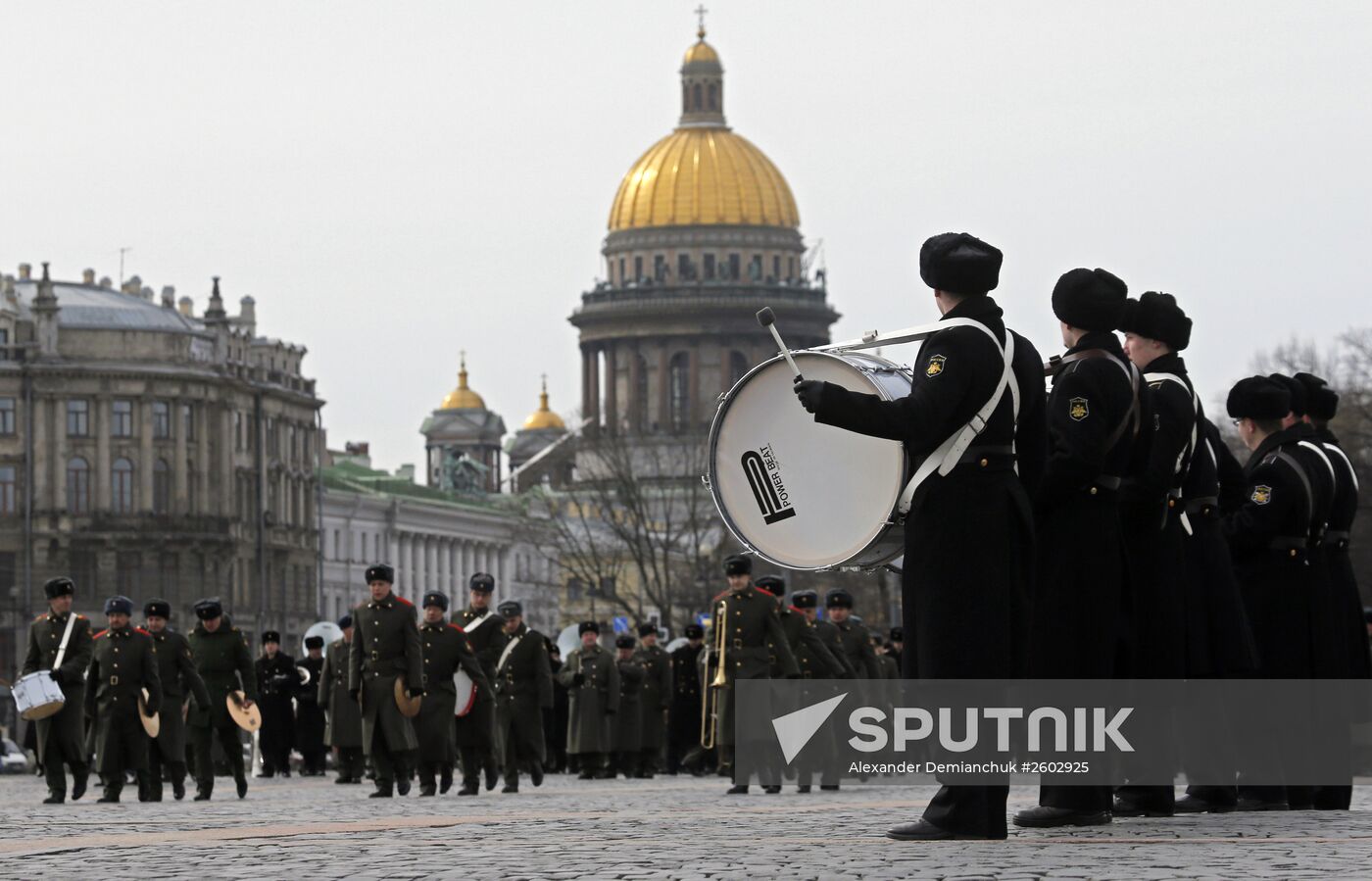 Military band rehearsal in St. Petersburg for celebrations of 70th anniversary of the Victory