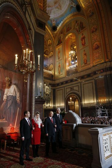 Vladimir Putin and Dmitry Medvedev attend Orthodox Easter service at Cathedral of Christ the Savior