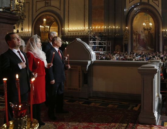 President Vladimir Putin and PM Dmitry Medvedev at Easter service in Christ the Saviour Cathedral