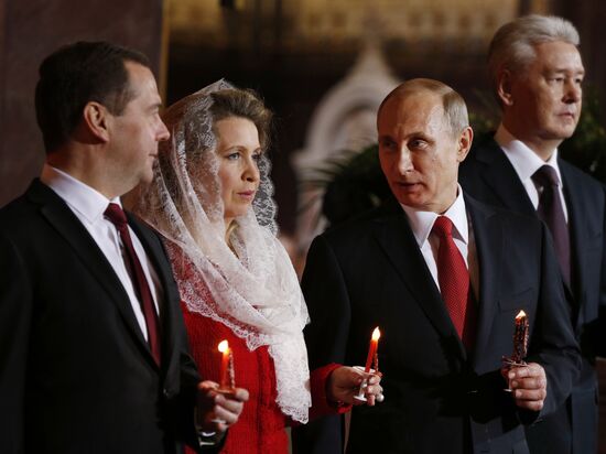 President Vladimir Putin and PM Dmitry Medvedev at Easter service in Christ the Saviour Cathedral