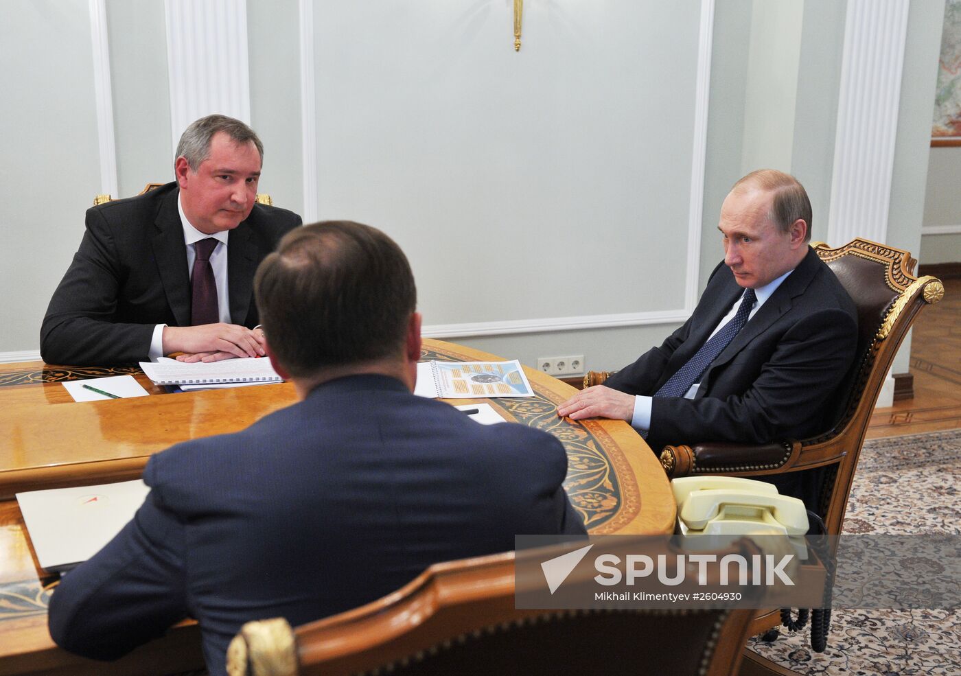 President Vladimir Putin meets with Deputy Prime Minister Dmitry Rogozin and Roscosmos Head Igor Komarov