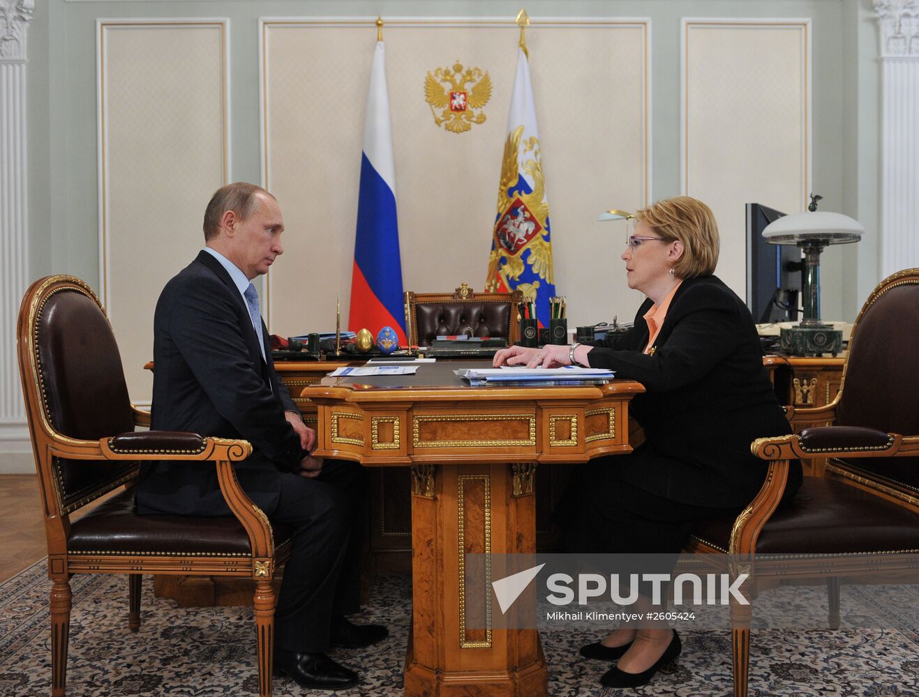 Russian President Vladimir Putin meets with Minister of Healthcare Veronika Skvortsova