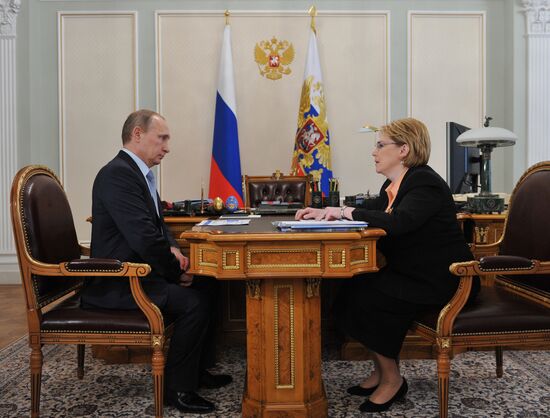 Russian President Vladimir Putin meets with Minister of Healthcare Veronika Skvortsova