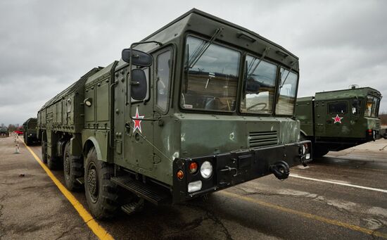 Mechanized unit of St. Petersburg garrison troops during military parade training