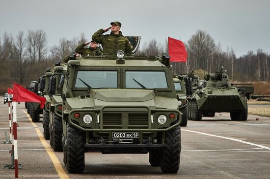 Mechanized unit of St. Petersburg garrison troops during military parade training